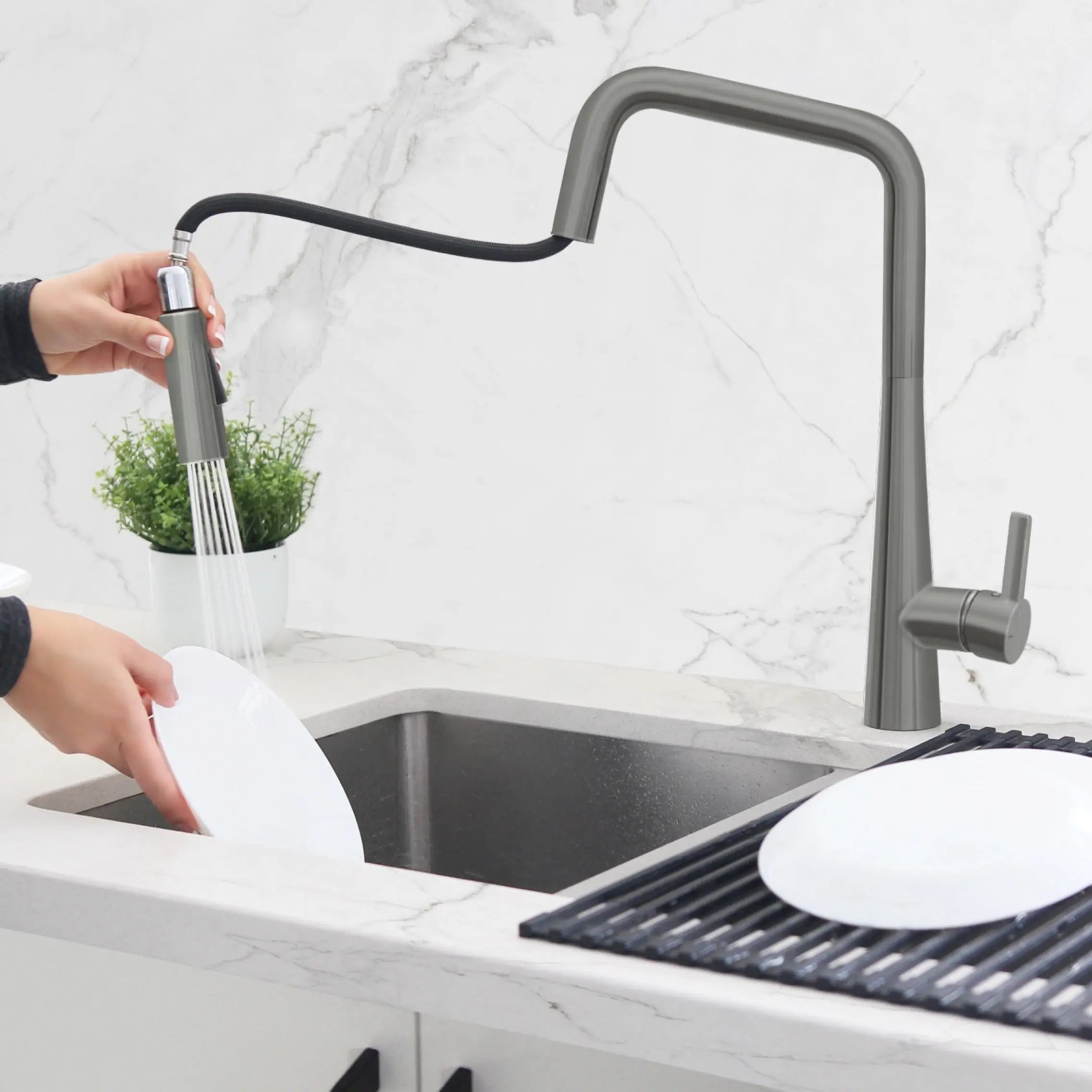 STYLISH Kitchen Sink Faucet Single Handle Pull Down Dual Mode Lead Free Gun Metal K-143P - Plumbing Market