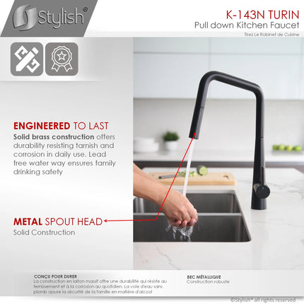 STYLISH Kitchen Sink Faucet Single Handle Pull Down Dual Mode Lead Free Matte Black K-143N - Plumbing Market