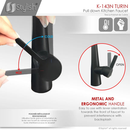 STYLISH Kitchen Sink Faucet Single Handle Pull Down Dual Mode Lead Free Matte Black K-143N - Plumbing Market