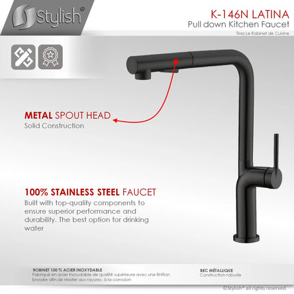 STYLISH Kitchen Sink Faucet Single Handle Pull Down Dual Mode Matte Black Finish K-146N - Plumbing Market