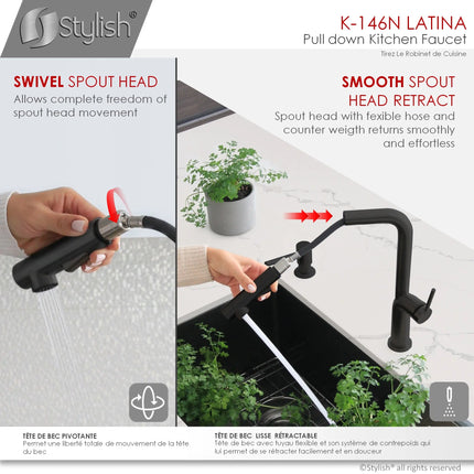 STYLISH Kitchen Sink Faucet Single Handle Pull Down Dual Mode Matte Black Finish K-146N - Plumbing Market