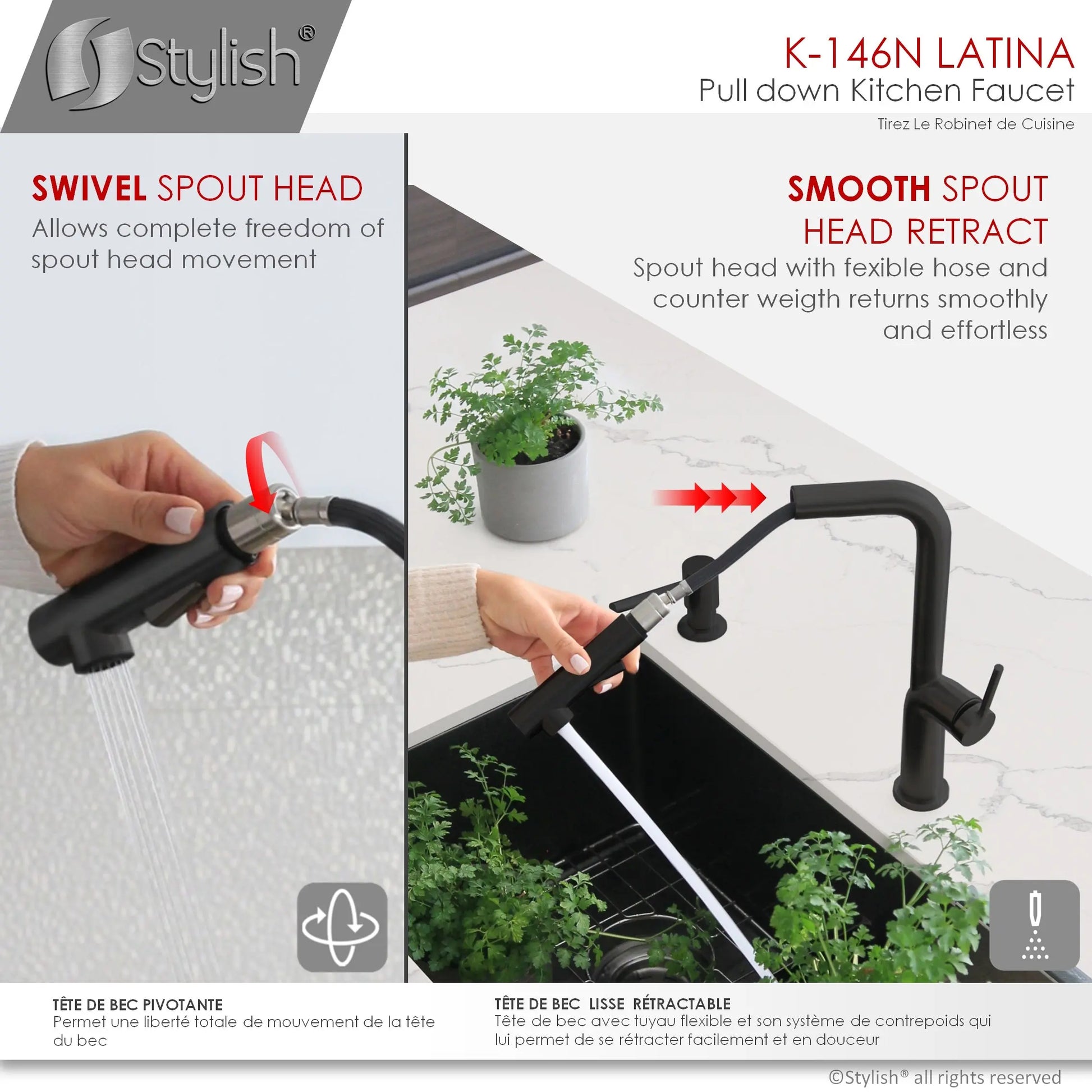 STYLISH Kitchen Sink Faucet Single Handle Pull Down Dual Mode Matte Black Finish K-146N - Plumbing Market