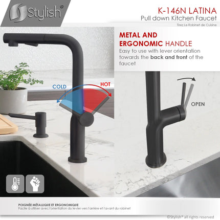 STYLISH Kitchen Sink Faucet Single Handle Pull Down Dual Mode Matte Black Finish K-146N - Plumbing Market