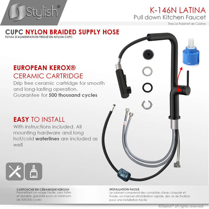 STYLISH Kitchen Sink Faucet Single Handle Pull Down Dual Mode Matte Black Finish K-146N - Plumbing Market