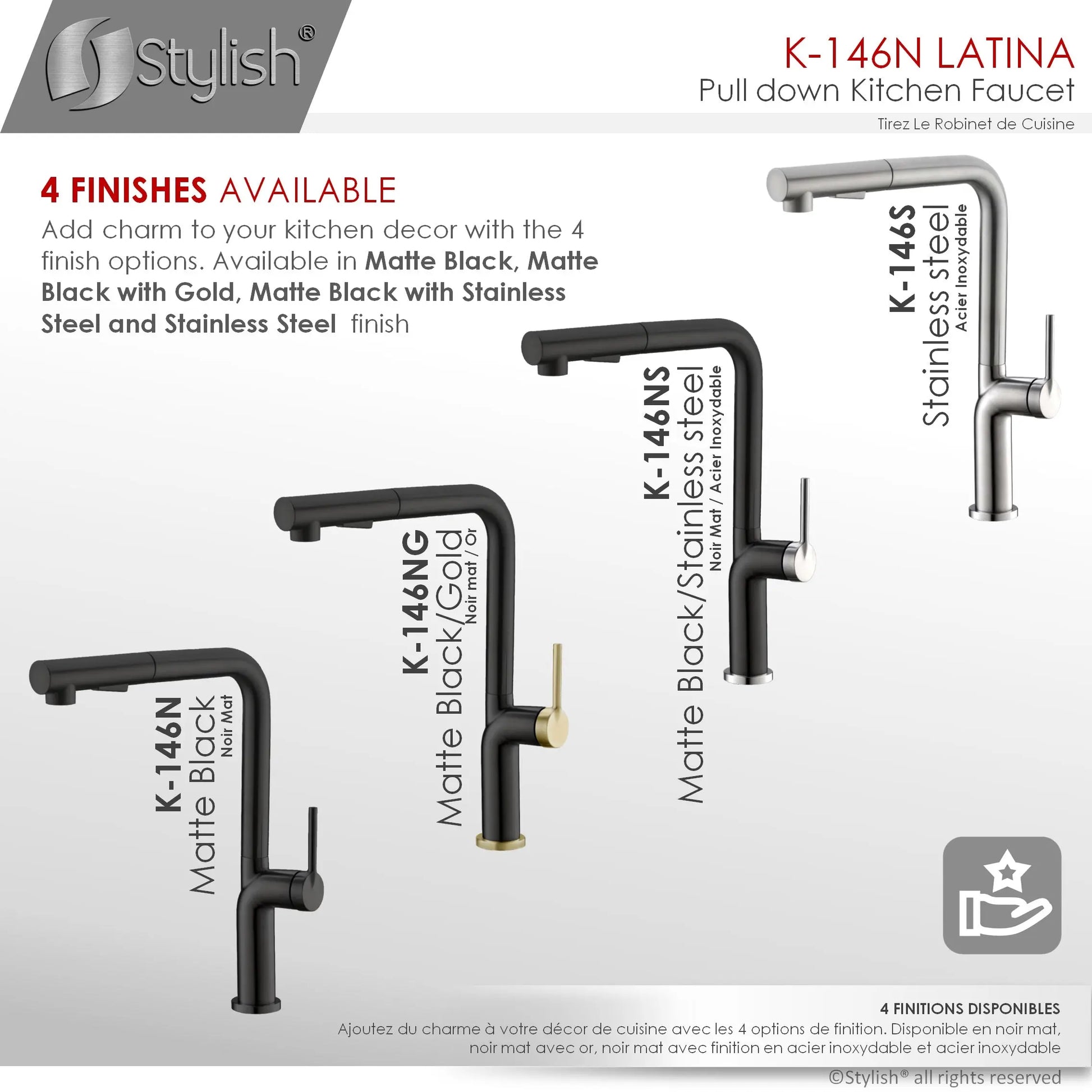 STYLISH Kitchen Sink Faucet Single Handle Pull Down Dual Mode Matte Black Finish K-146N - Plumbing Market