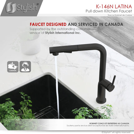 STYLISH Kitchen Sink Faucet Single Handle Pull Down Dual Mode Matte Black Finish K-146N - Plumbing Market