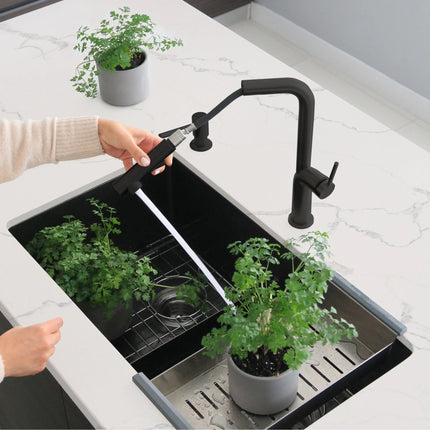 STYLISH Kitchen Sink Faucet Single Handle Pull Down Dual Mode Matte Black Finish K-146N - Plumbing Market