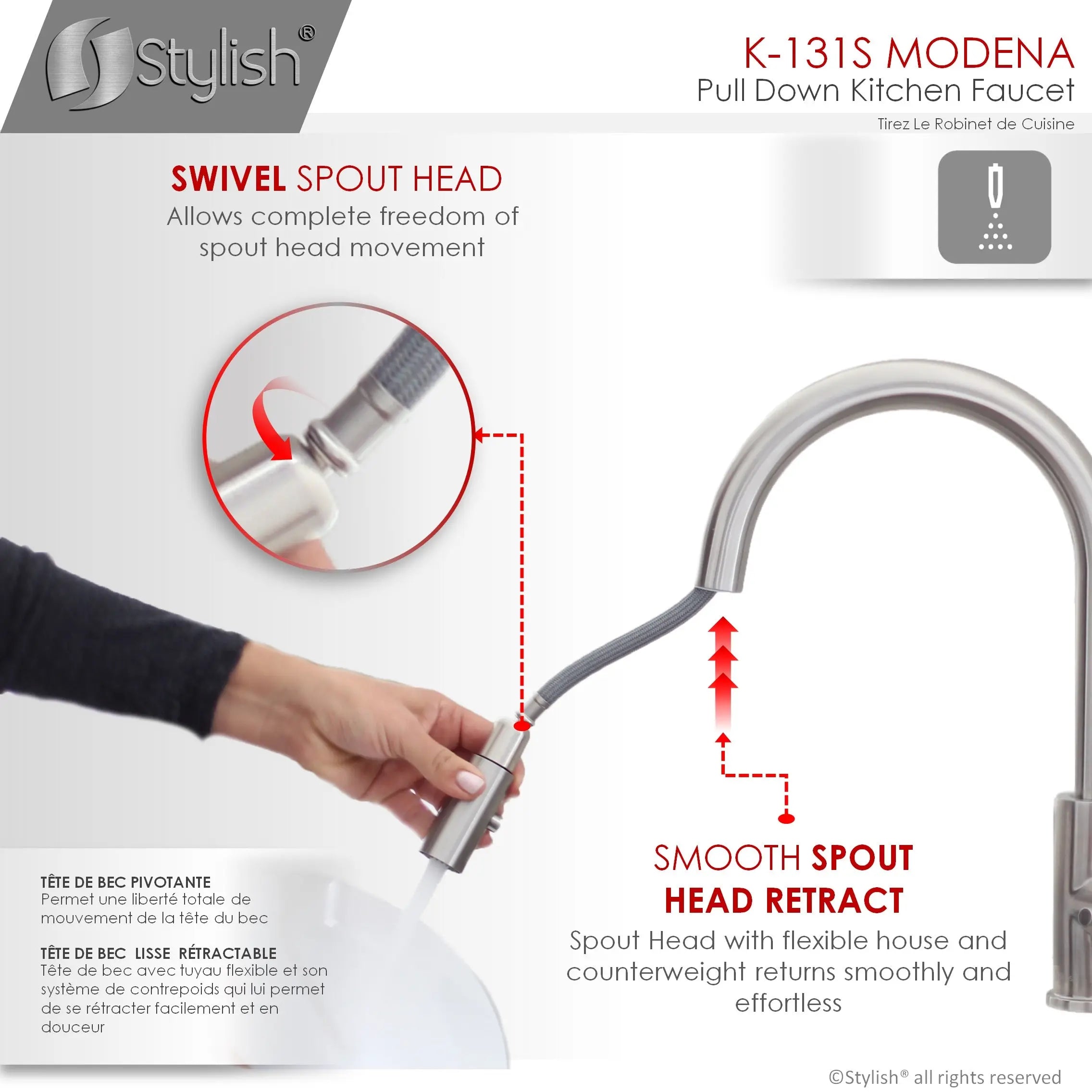 STYLISH Kitchen Sink Faucet Single Handle Pull Down Dual Mode Stainless Steel Brushed Finish K-131S - Plumbing Market
