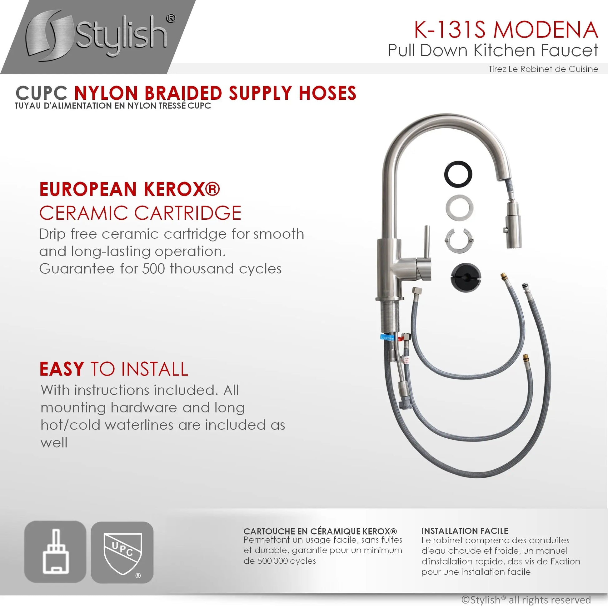 STYLISH Kitchen Sink Faucet Single Handle Pull Down Dual Mode Stainless Steel Brushed Finish K-131S - Plumbing Market