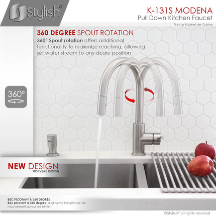 STYLISH Kitchen Sink Faucet Single Handle Pull Down Dual Mode Stainless Steel Brushed Finish K-131S - Plumbing Market