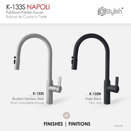 STYLISH Kitchen Sink Faucet Single Handle Pull Down Dual Mode Stainless Steel Brushed Finish K-133S - Plumbing Market