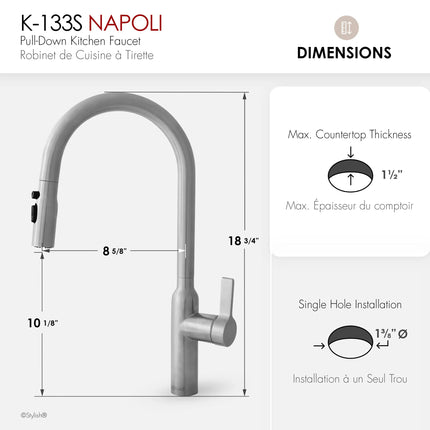 STYLISH Kitchen Sink Faucet Single Handle Pull Down Dual Mode Stainless Steel Brushed Finish K-133S - Plumbing Market