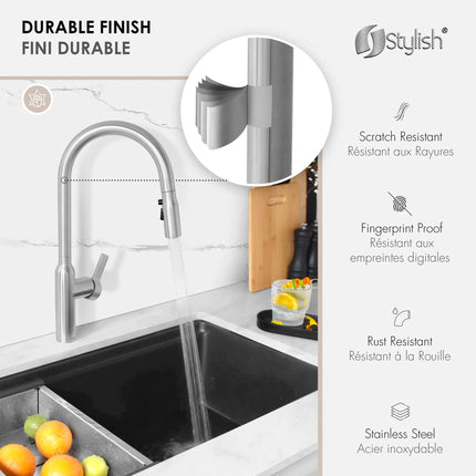 STYLISH Kitchen Sink Faucet Single Handle Pull Down Dual Mode Stainless Steel Brushed Finish K-133S - Plumbing Market
