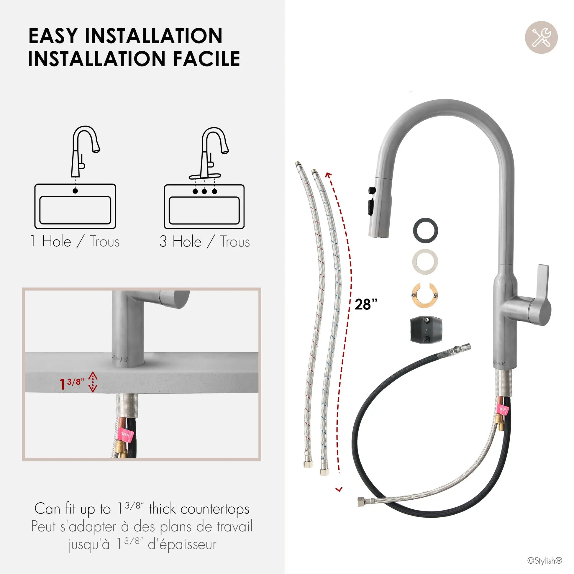 STYLISH Kitchen Sink Faucet Single Handle Pull Down Dual Mode Stainless Steel Brushed Finish K-133S - Plumbing Market