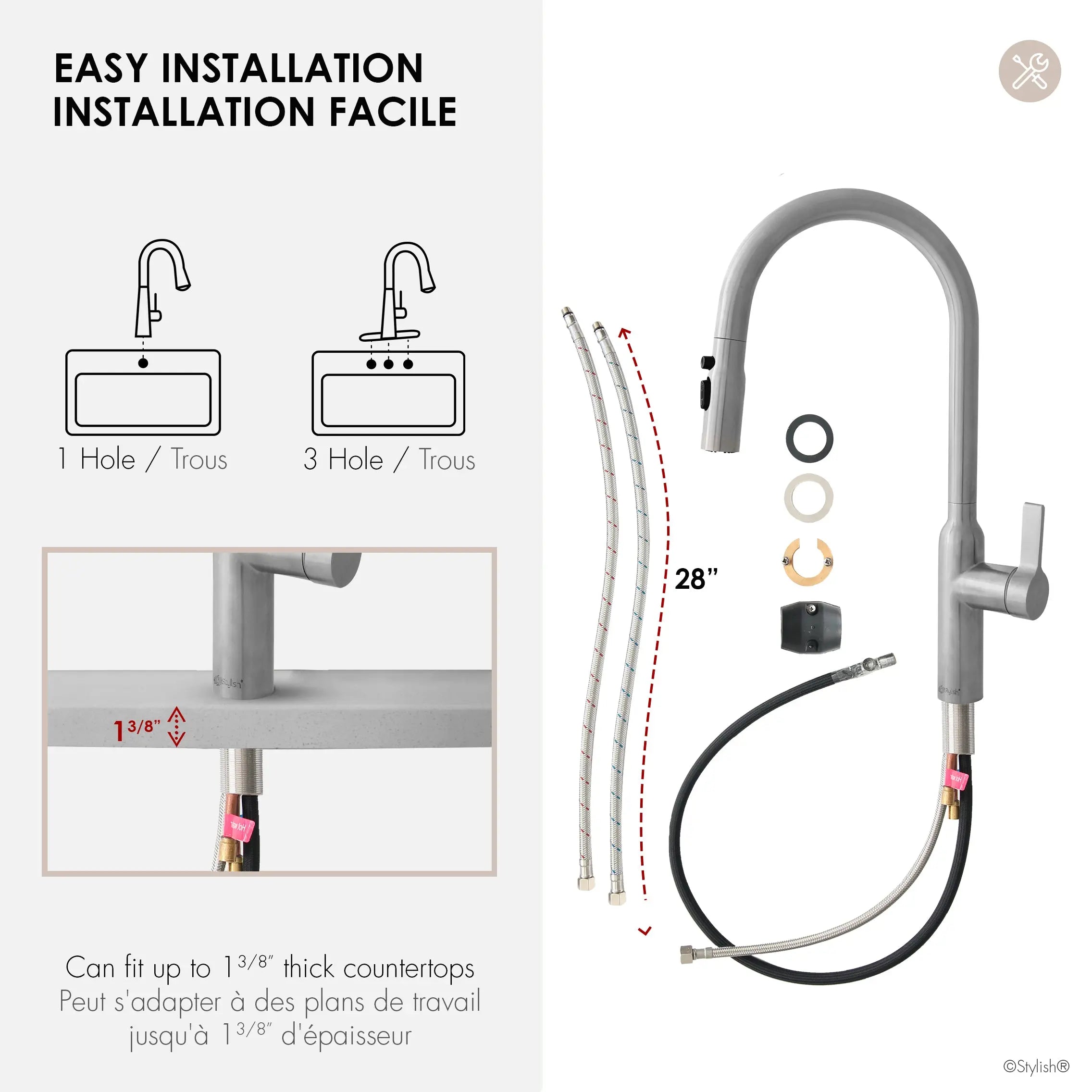 STYLISH Kitchen Sink Faucet Single Handle Pull Down Dual Mode Stainless Steel Brushed Finish K-133S - Plumbing Market