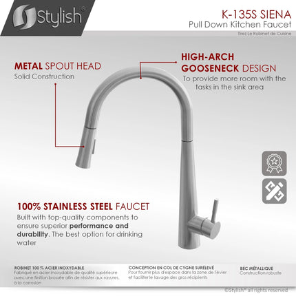 STYLISH Kitchen Sink Faucet Single Handle Pull Down Dual Mode Stainless Steel Brushed Finish K-135S - Plumbing Market