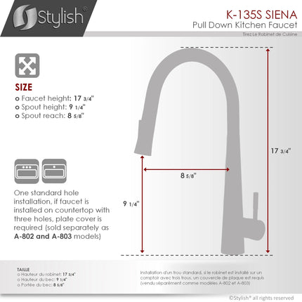 STYLISH Kitchen Sink Faucet Single Handle Pull Down Dual Mode Stainless Steel Brushed Finish K-135S - Plumbing Market
