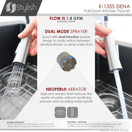 STYLISH Kitchen Sink Faucet Single Handle Pull Down Dual Mode Stainless Steel Brushed Finish K-135S - Plumbing Market