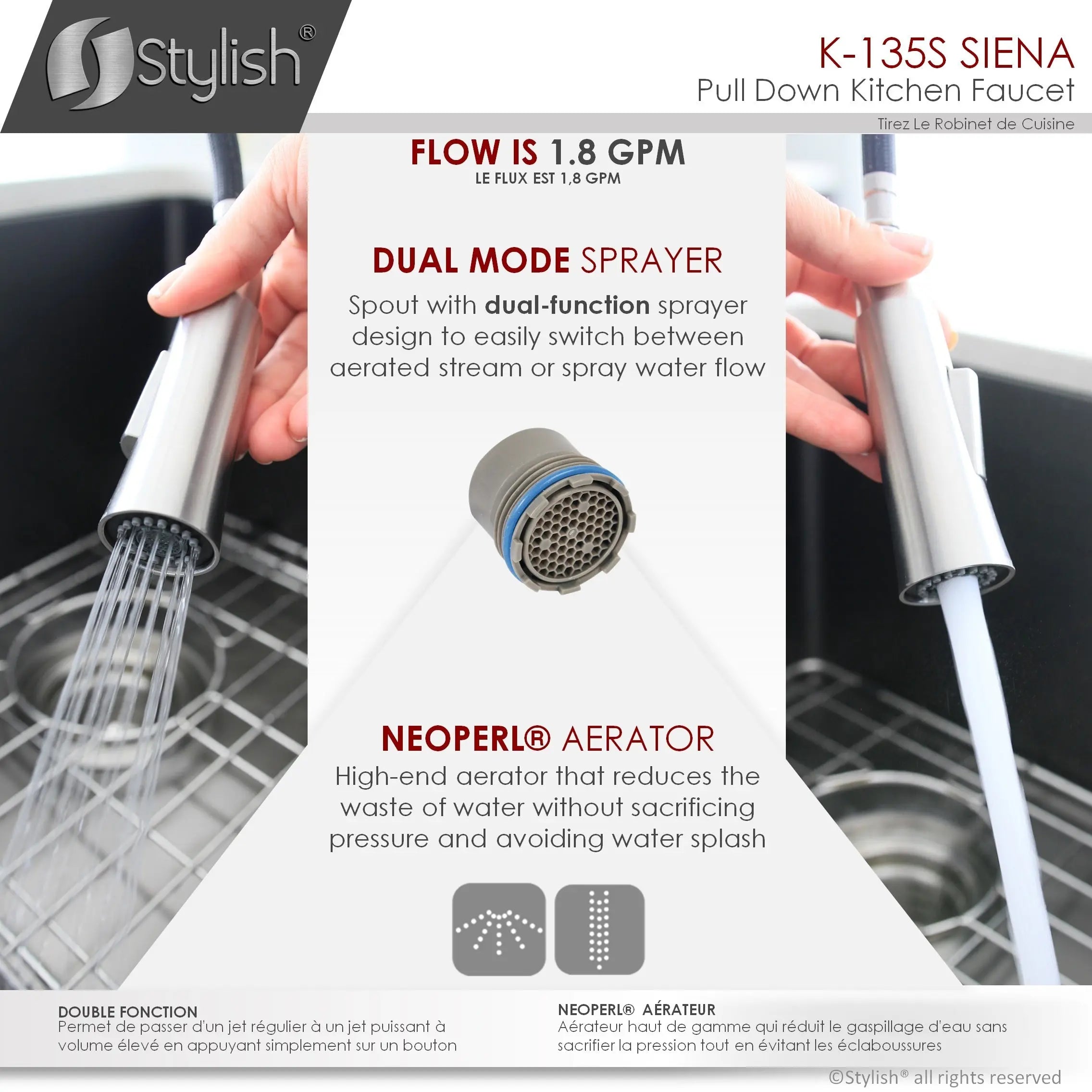 STYLISH Kitchen Sink Faucet Single Handle Pull Down Dual Mode Stainless Steel Brushed Finish K-135S - Plumbing Market