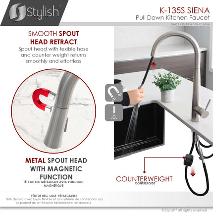 STYLISH Kitchen Sink Faucet Single Handle Pull Down Dual Mode Stainless Steel Brushed Finish K-135S - Plumbing Market