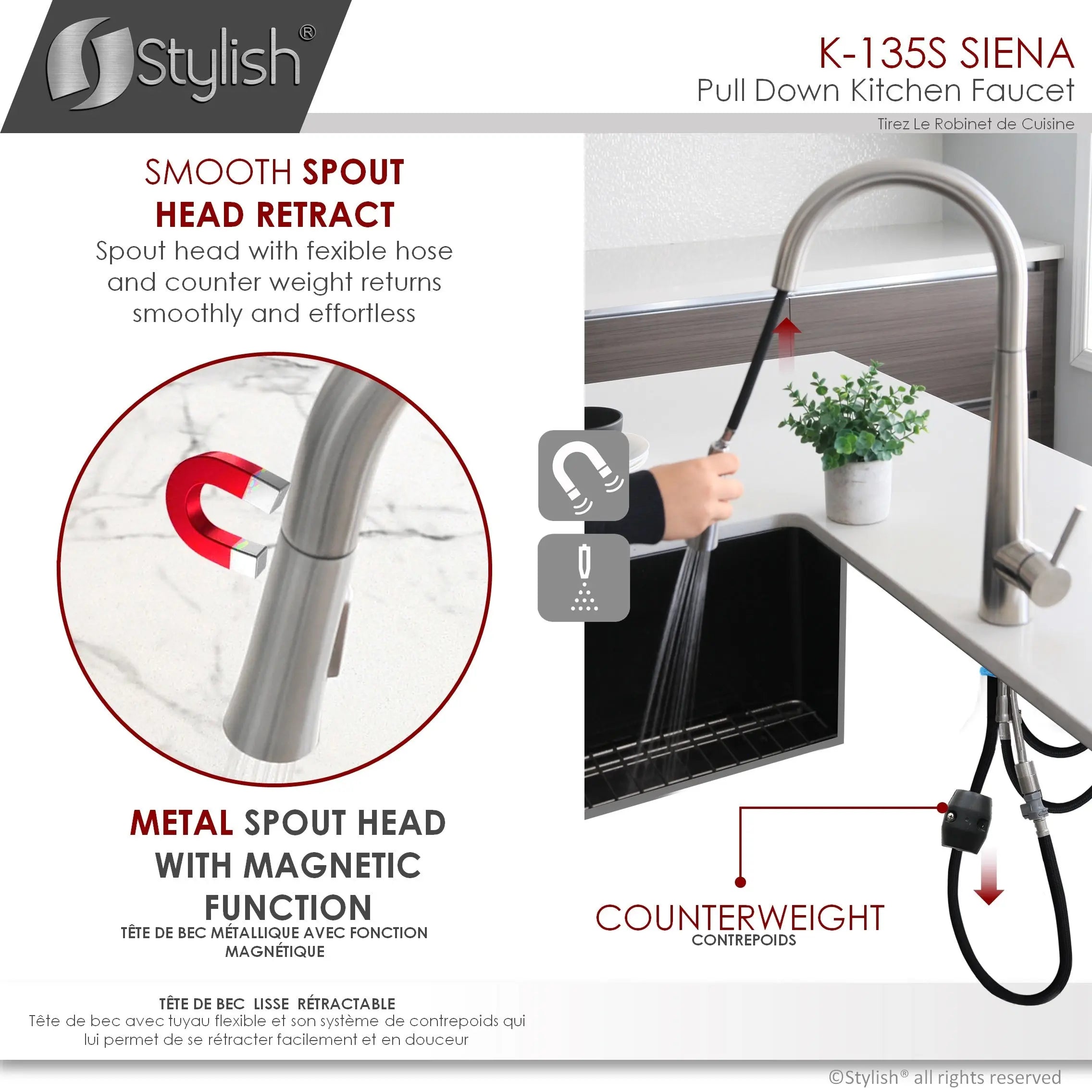 STYLISH Kitchen Sink Faucet Single Handle Pull Down Dual Mode Stainless Steel Brushed Finish K-135S - Plumbing Market