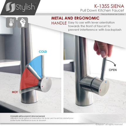 STYLISH Kitchen Sink Faucet Single Handle Pull Down Dual Mode Stainless Steel Brushed Finish K-135S - Plumbing Market