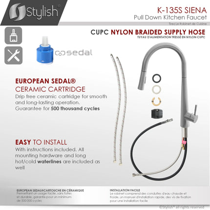 STYLISH Kitchen Sink Faucet Single Handle Pull Down Dual Mode Stainless Steel Brushed Finish K-135S - Plumbing Market