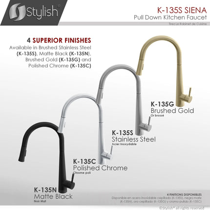 STYLISH Kitchen Sink Faucet Single Handle Pull Down Dual Mode Stainless Steel Brushed Finish K-135S - Plumbing Market