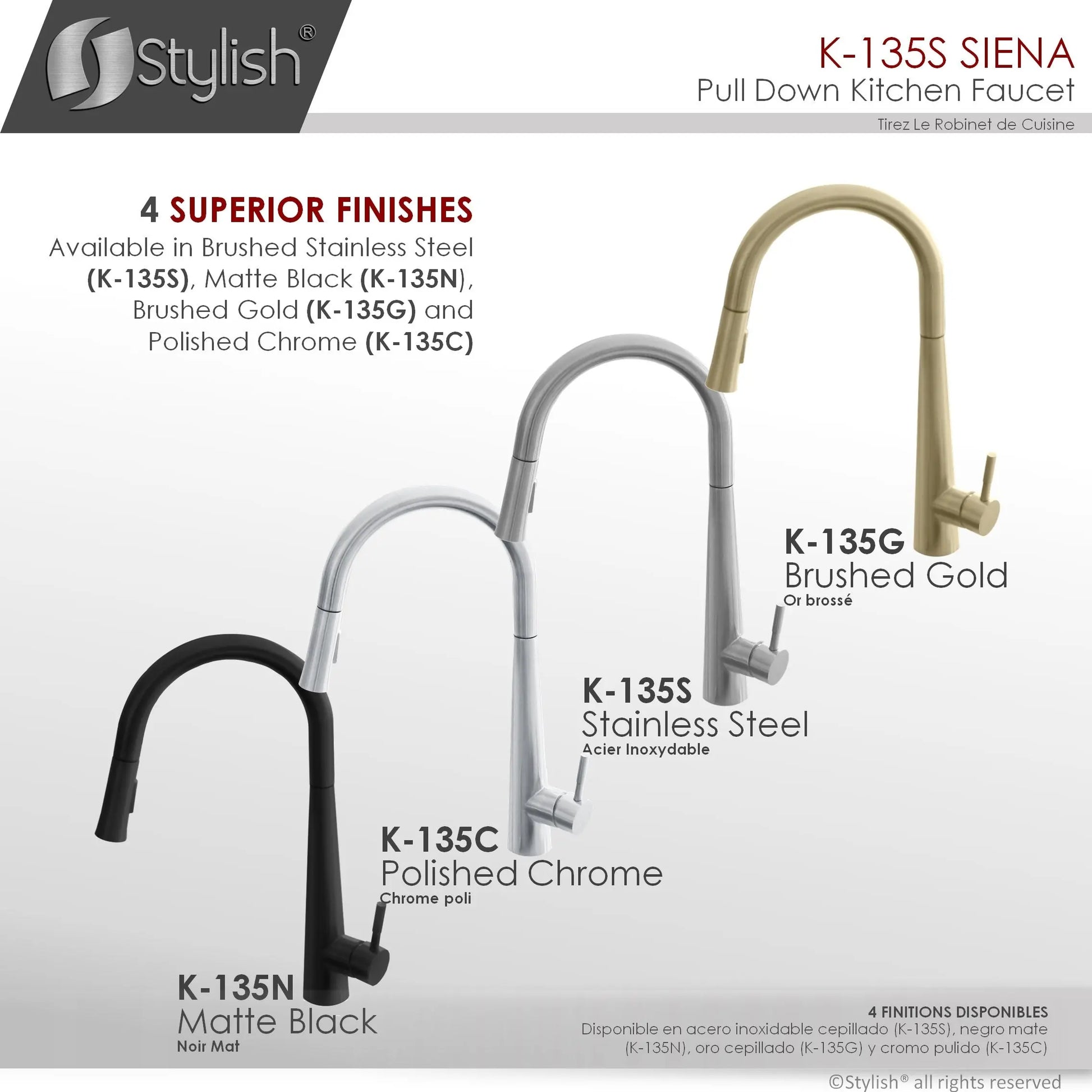 STYLISH Kitchen Sink Faucet Single Handle Pull Down Dual Mode Stainless Steel Brushed Finish K-135S - Plumbing Market