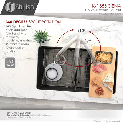 STYLISH Kitchen Sink Faucet Single Handle Pull Down Dual Mode Stainless Steel Brushed Finish K-135S - Plumbing Market