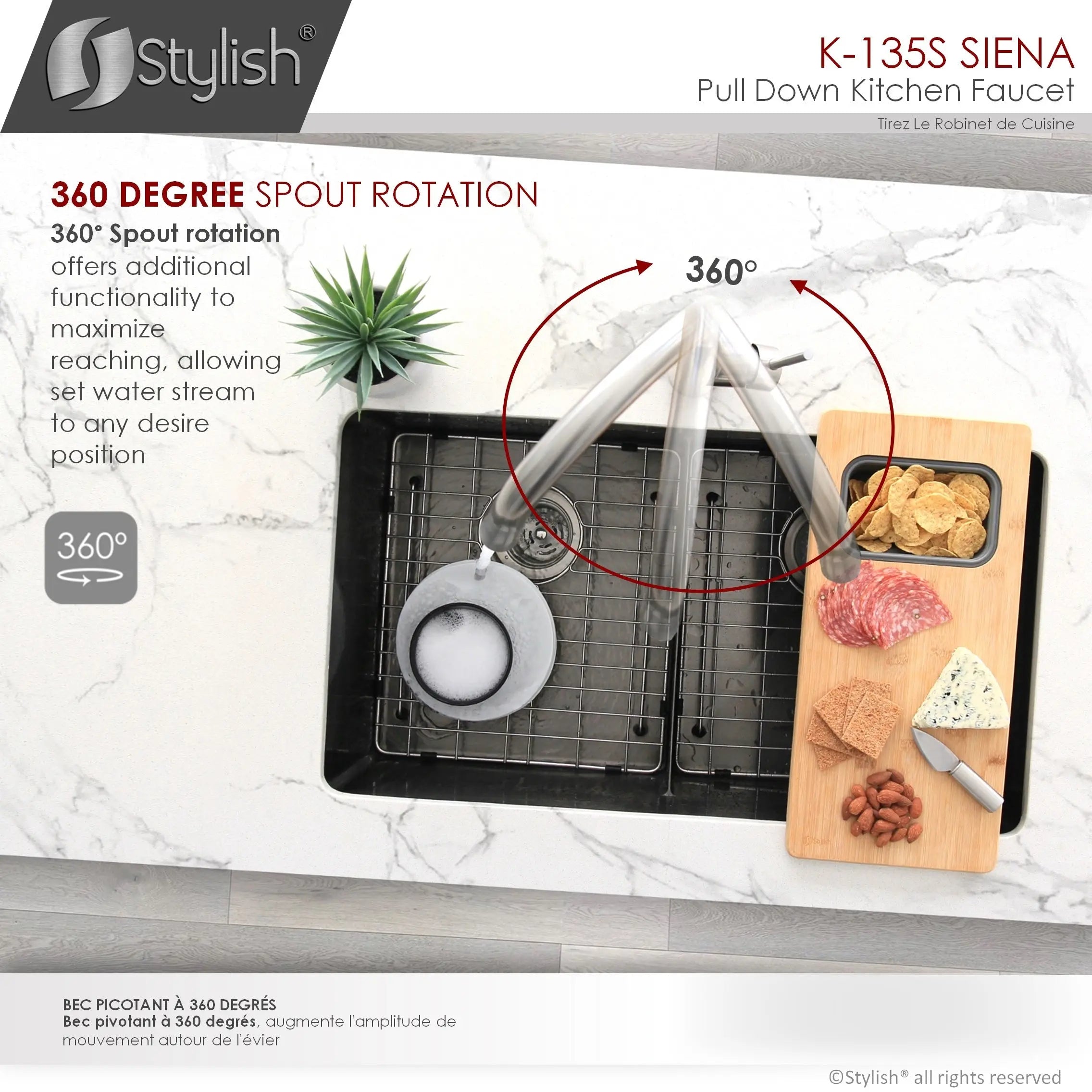 STYLISH Kitchen Sink Faucet Single Handle Pull Down Dual Mode Stainless Steel Brushed Finish K-135S - Plumbing Market