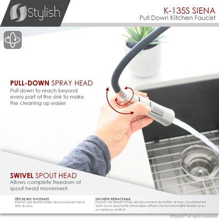 STYLISH Kitchen Sink Faucet Single Handle Pull Down Dual Mode Stainless Steel Brushed Finish K-135S - Plumbing Market