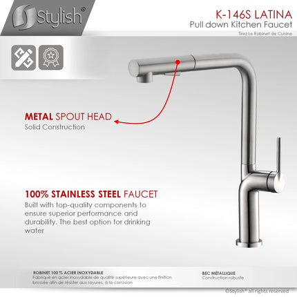 STYLISH Kitchen Sink Faucet Single Handle Pull Down Dual Mode Stainless Steel Brushed Finish K-146S - Plumbing Market