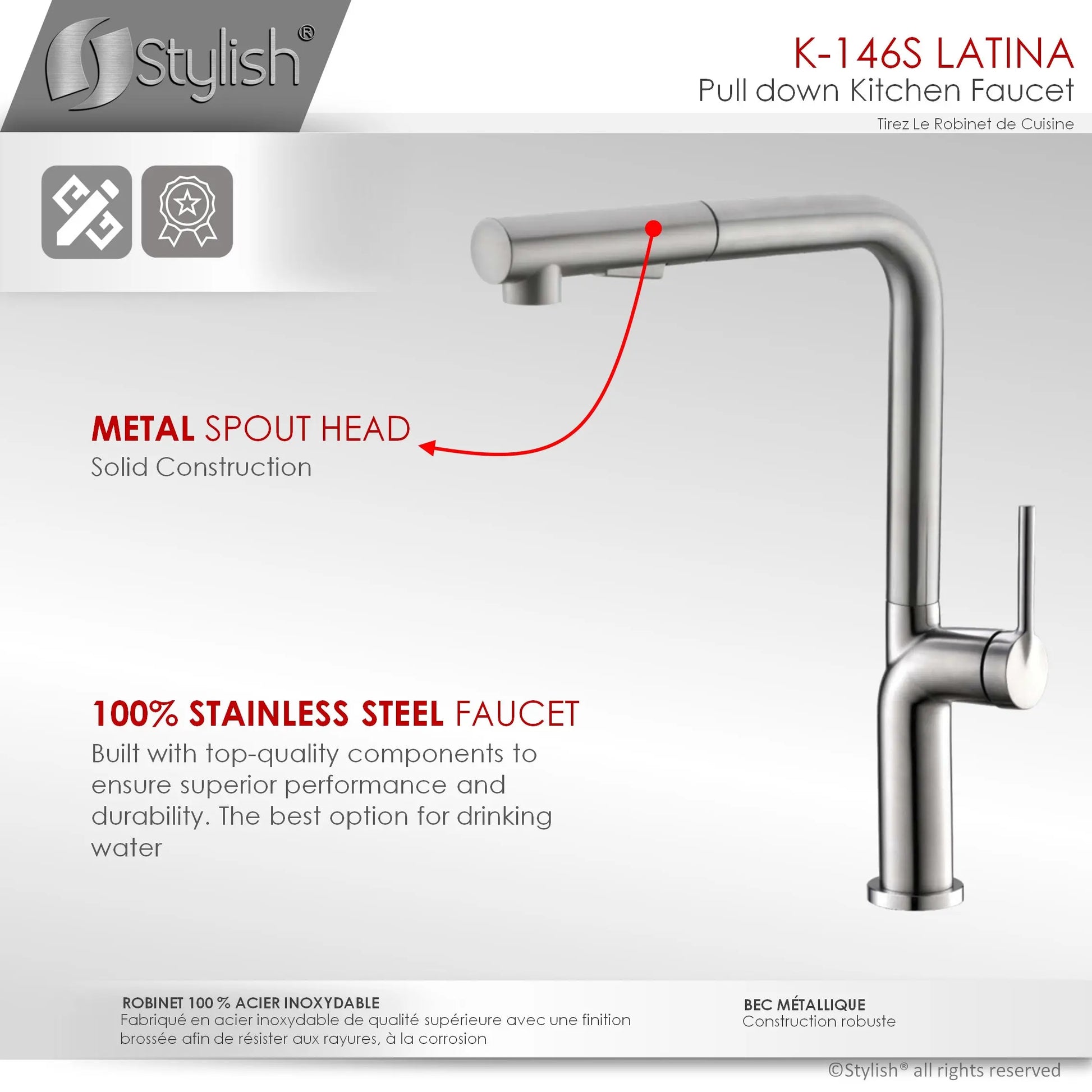 STYLISH Kitchen Sink Faucet Single Handle Pull Down Dual Mode Stainless Steel Brushed Finish K-146S - Plumbing Market
