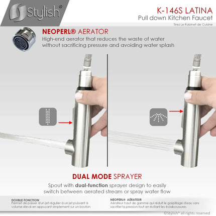 STYLISH Kitchen Sink Faucet Single Handle Pull Down Dual Mode Stainless Steel Brushed Finish K-146S - Plumbing Market