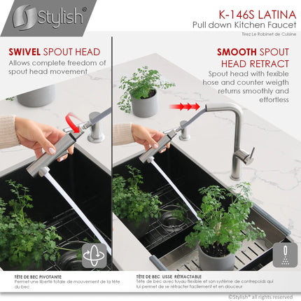 STYLISH Kitchen Sink Faucet Single Handle Pull Down Dual Mode Stainless Steel Brushed Finish K-146S - Plumbing Market
