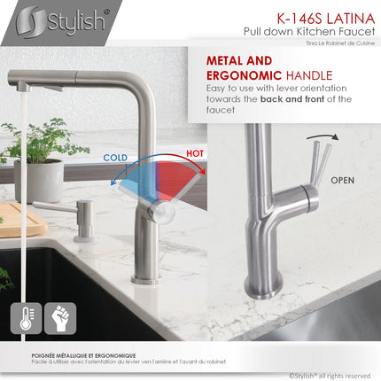 STYLISH Kitchen Sink Faucet Single Handle Pull Down Dual Mode Stainless Steel Brushed Finish K-146S - Plumbing Market