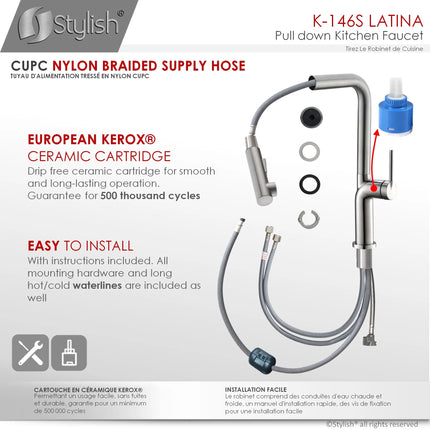 STYLISH Kitchen Sink Faucet Single Handle Pull Down Dual Mode Stainless Steel Brushed Finish K-146S - Plumbing Market