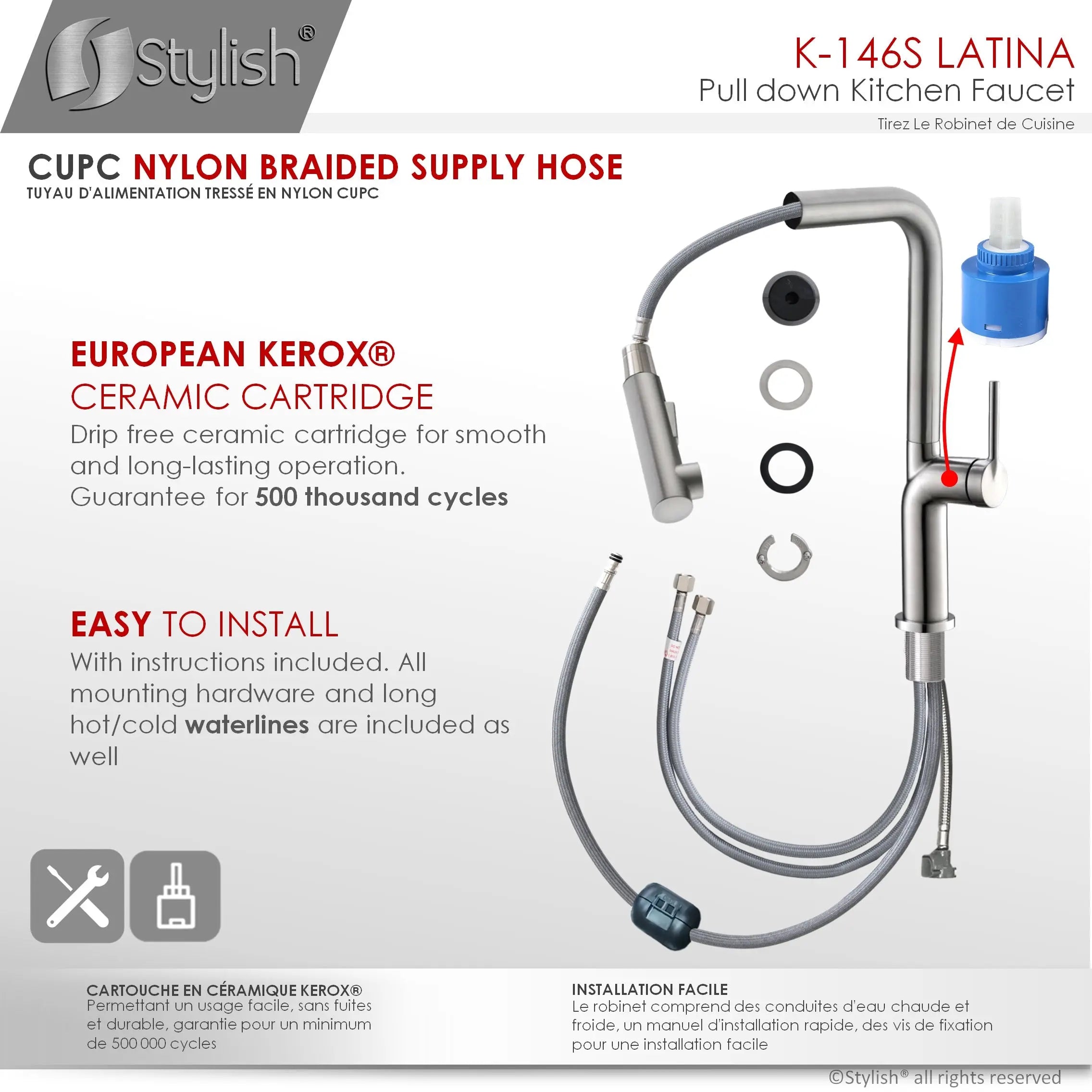 STYLISH Kitchen Sink Faucet Single Handle Pull Down Dual Mode Stainless Steel Brushed Finish K-146S - Plumbing Market