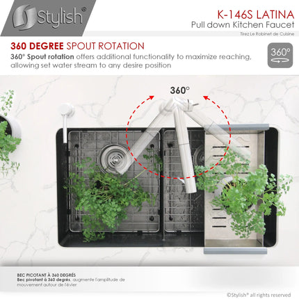 STYLISH Kitchen Sink Faucet Single Handle Pull Down Dual Mode Stainless Steel Brushed Finish K-146S - Plumbing Market