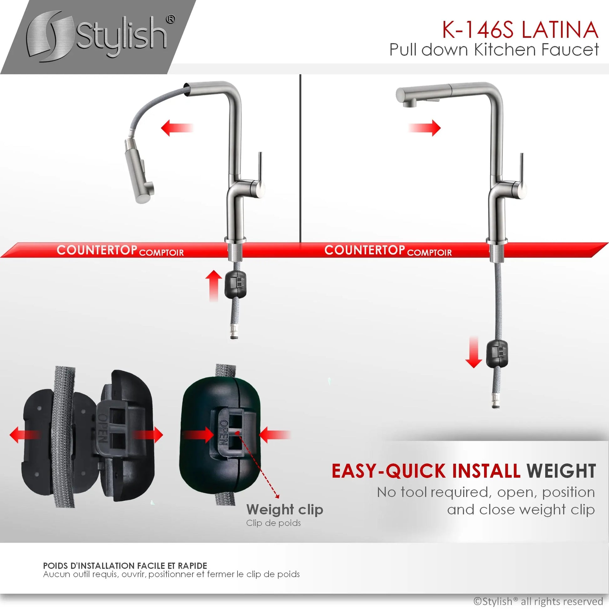 STYLISH Kitchen Sink Faucet Single Handle Pull Down Dual Mode Stainless Steel Brushed Finish K-146S - Plumbing Market