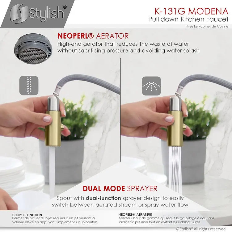 STYLISH Kitchen Sink Faucet Single Handle Pull Down Dual Mode Stainless Steel Gold Finish K-131G - Plumbing Market