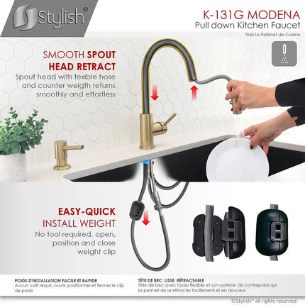 STYLISH Kitchen Sink Faucet Single Handle Pull Down Dual Mode Stainless Steel Gold Finish K-131G - Plumbing Market