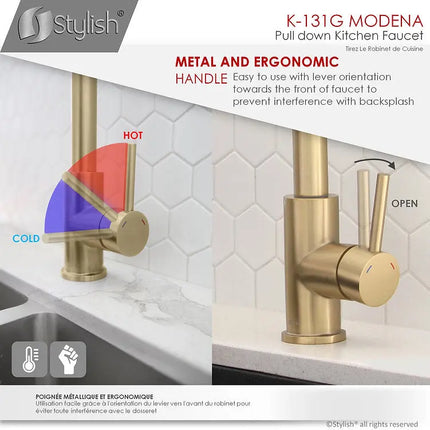 STYLISH Kitchen Sink Faucet Single Handle Pull Down Dual Mode Stainless Steel Gold Finish K-131G - Plumbing Market