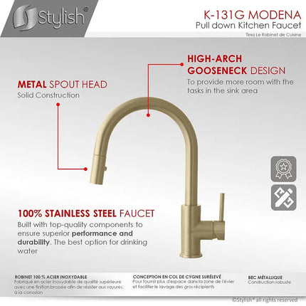 STYLISH Kitchen Sink Faucet Single Handle Pull Down Dual Mode Stainless Steel Gold Finish K-131G - Plumbing Market