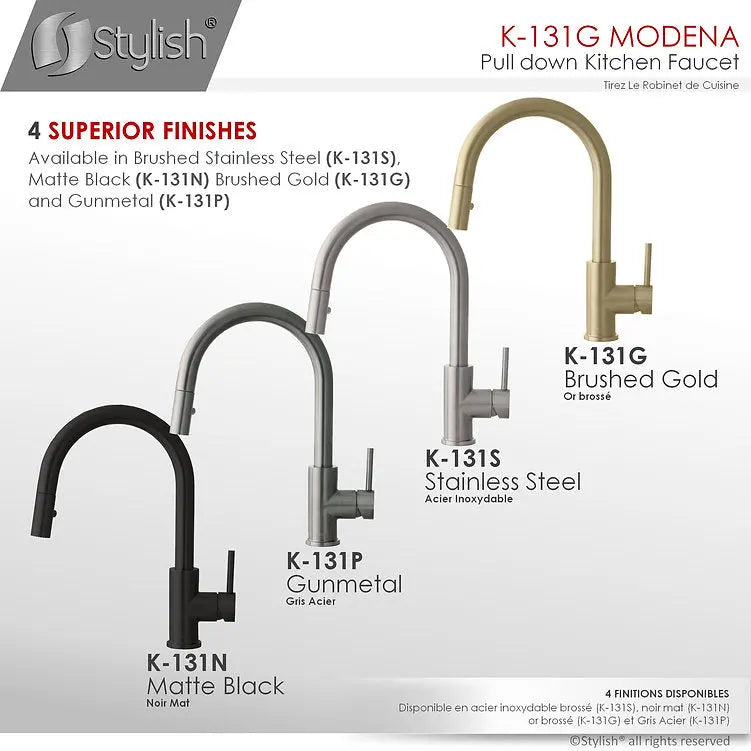 STYLISH Kitchen Sink Faucet Single Handle Pull Down Dual Mode Stainless Steel Gold Finish K-131G - Plumbing Market