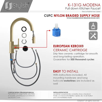 STYLISH Kitchen Sink Faucet Single Handle Pull Down Dual Mode Stainless Steel Gold Finish K-131G - Plumbing Market