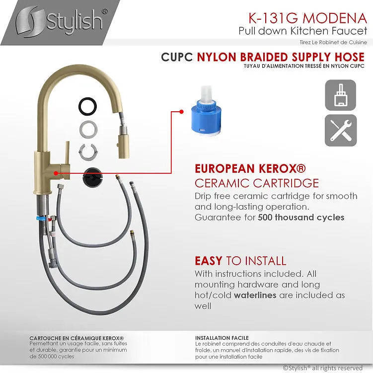 STYLISH Kitchen Sink Faucet Single Handle Pull Down Dual Mode Stainless Steel Gold Finish K-131G - Plumbing Market