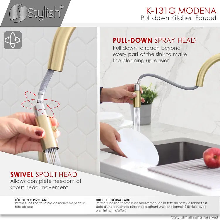 STYLISH Kitchen Sink Faucet Single Handle Pull Down Dual Mode Stainless Steel Gold Finish K-131G - Plumbing Market