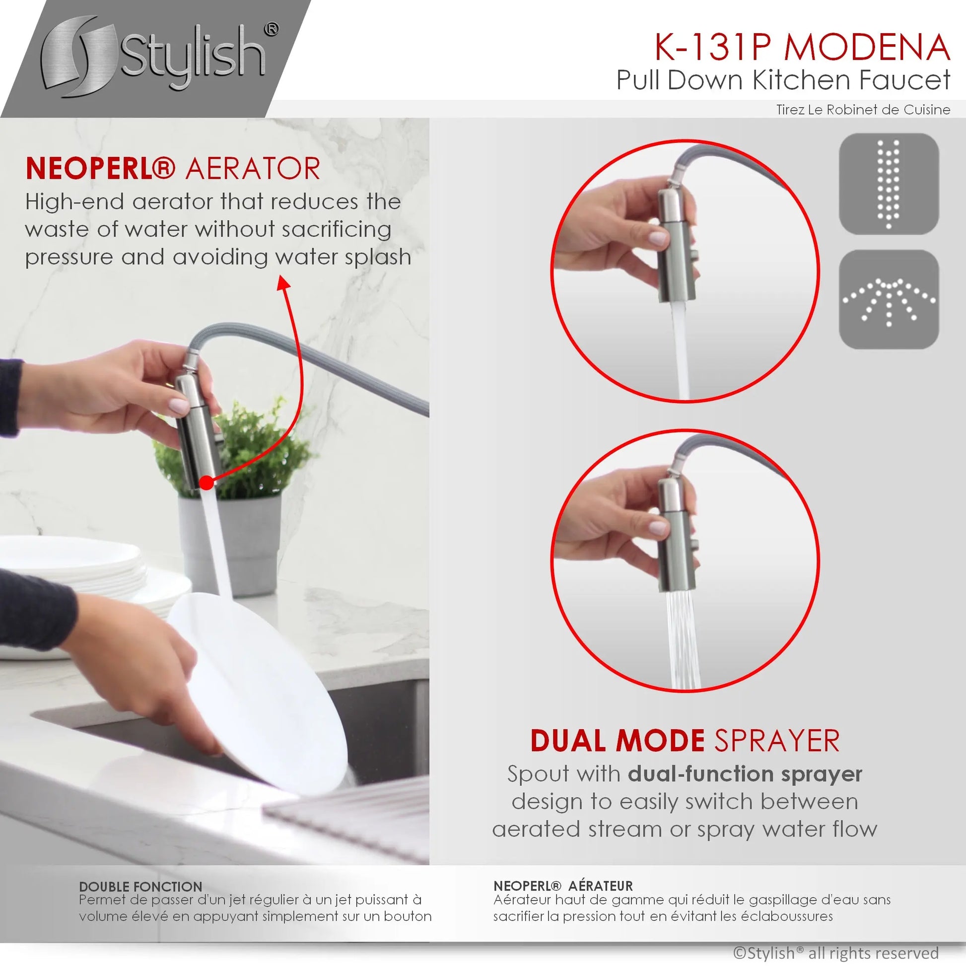 STYLISH Kitchen Sink Faucet Single Handle Pull Down Dual Mode Stainless Steel GunMetal Finish K-131P - Plumbing Market